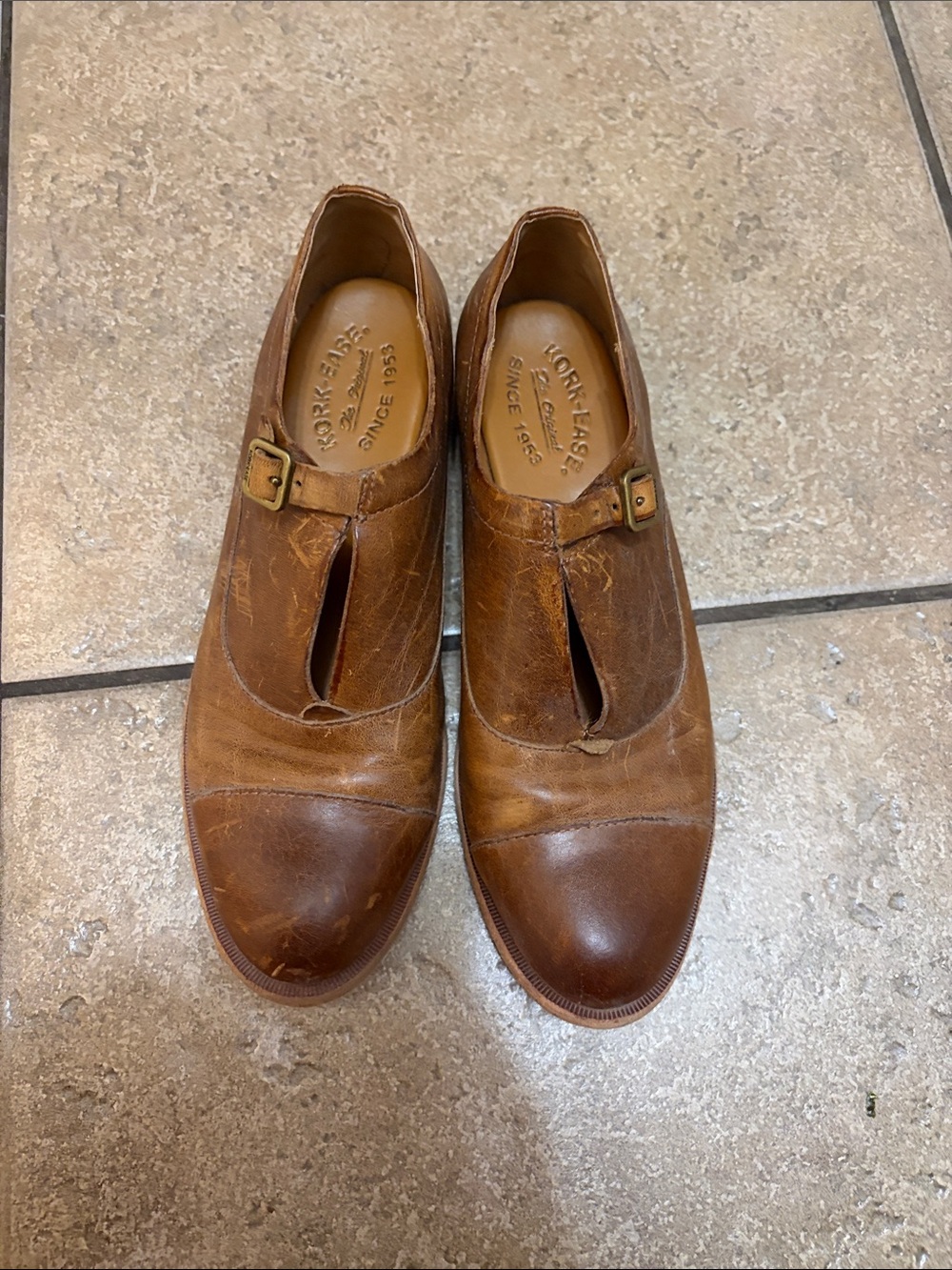 Kork-Ease Brown Leather Slip-On Loafers with Buckle